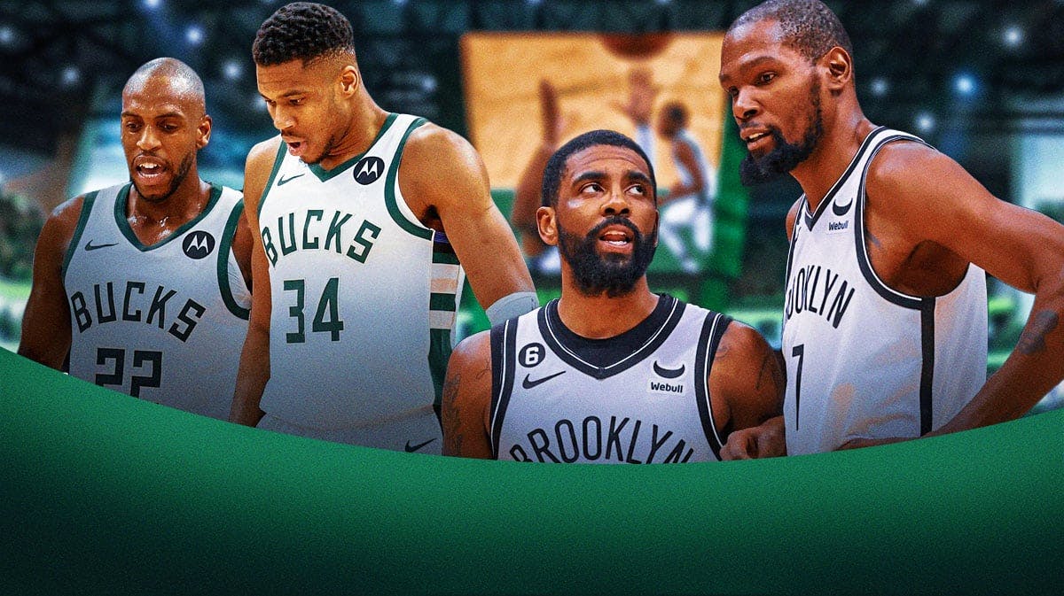 Kyrie Irving and Kevin Durant in Nets jerseys staring at Giannis Antetokounmpo and Khris Middleton