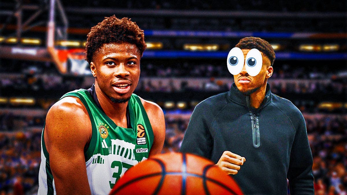 Giannis Antetokounmpo on one side with the big eyes emoji over his face, Kostas Antetokounmpo on the other side