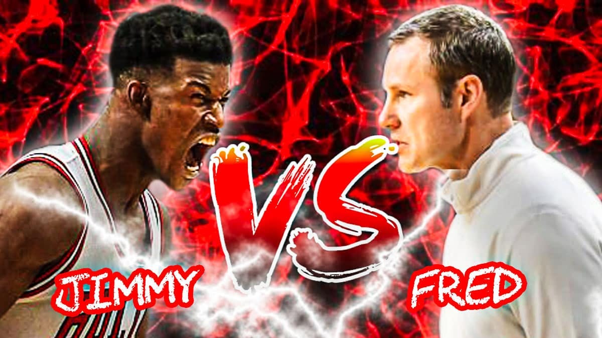 Miami Heat forward Jimmy Butler squaring off with his former Chicago Bulls head coach Fred Hoiberg