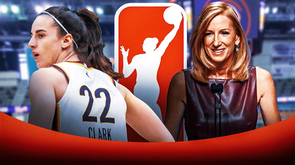 Indiana Fever guard Caitlin Clark with WNBA Commissioner Cathy Engelbert. They are next to a logo for the WNBA.