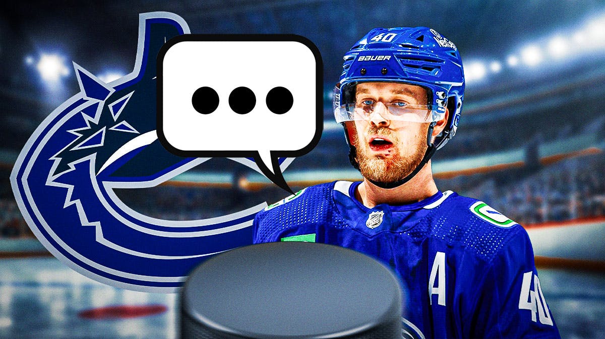 Vancouver Canucks forward Elias Pettersson with fire in his eyes and a speech bubble that has the three dots emoji inside it. He is next to a logo for the Vancouver Canucks.