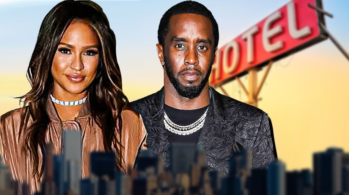 Cassie Ventura and Sean Diddy Combs with hotel sign behind them
