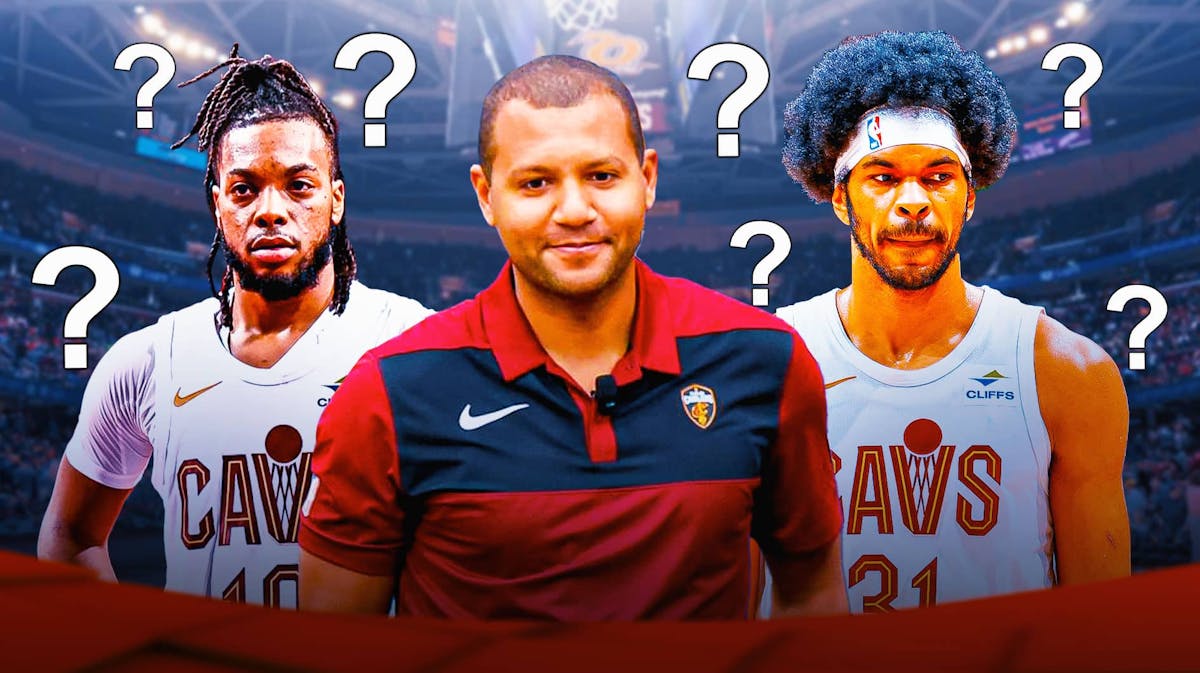 Koby Altman, Darius Garland and Jarrett Allen surrounded by a bunch of question marks