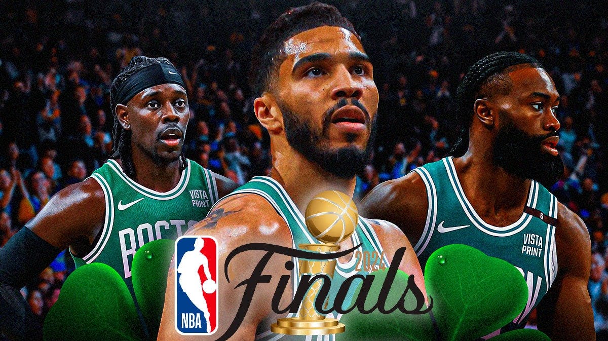 Jayson Tatum, Jaylen Brown, Jrue Holiday all together. Celtics logo in background, 2024 NBA Finals logo in front.