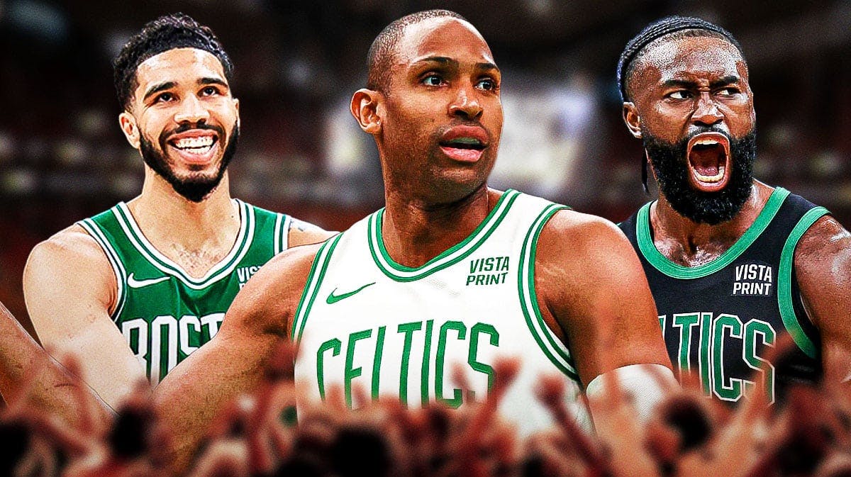 Al Horford with Jayson Tatum and Jaylen Brown in background