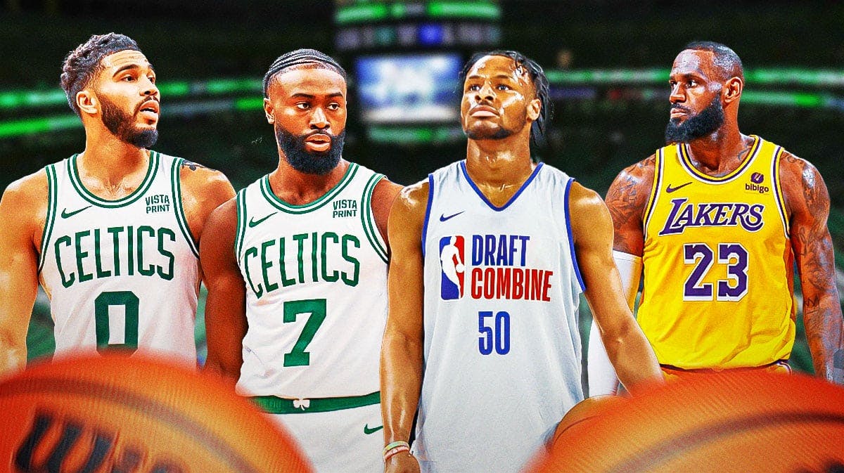 Bronny James next to Celtics players Jaylen Brown and Jayson Tatum and then Lakers star LeBron James.