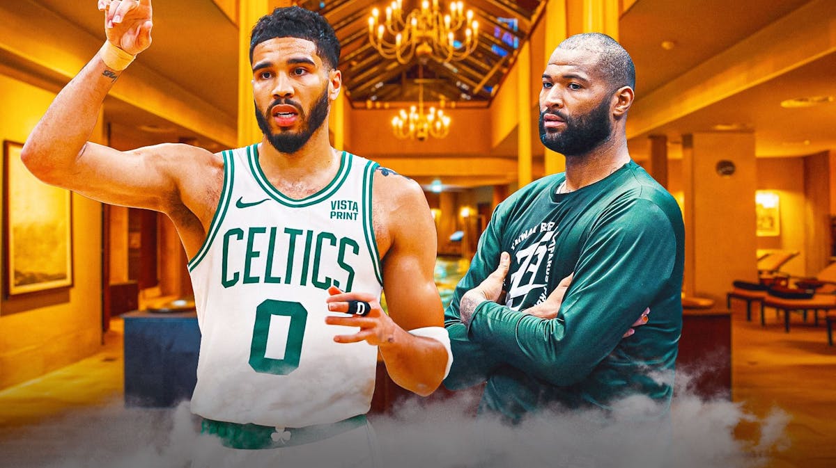 Celtics Jayson Tatum and DeMarcus Cousins after NBA Playoffs win over Pacers