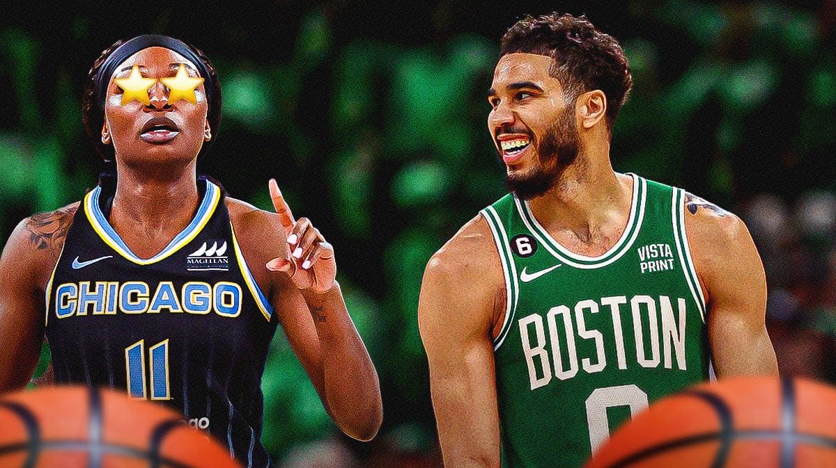 Dana Evans on one side with stars in her eyes, Jayson Tatum on the other side