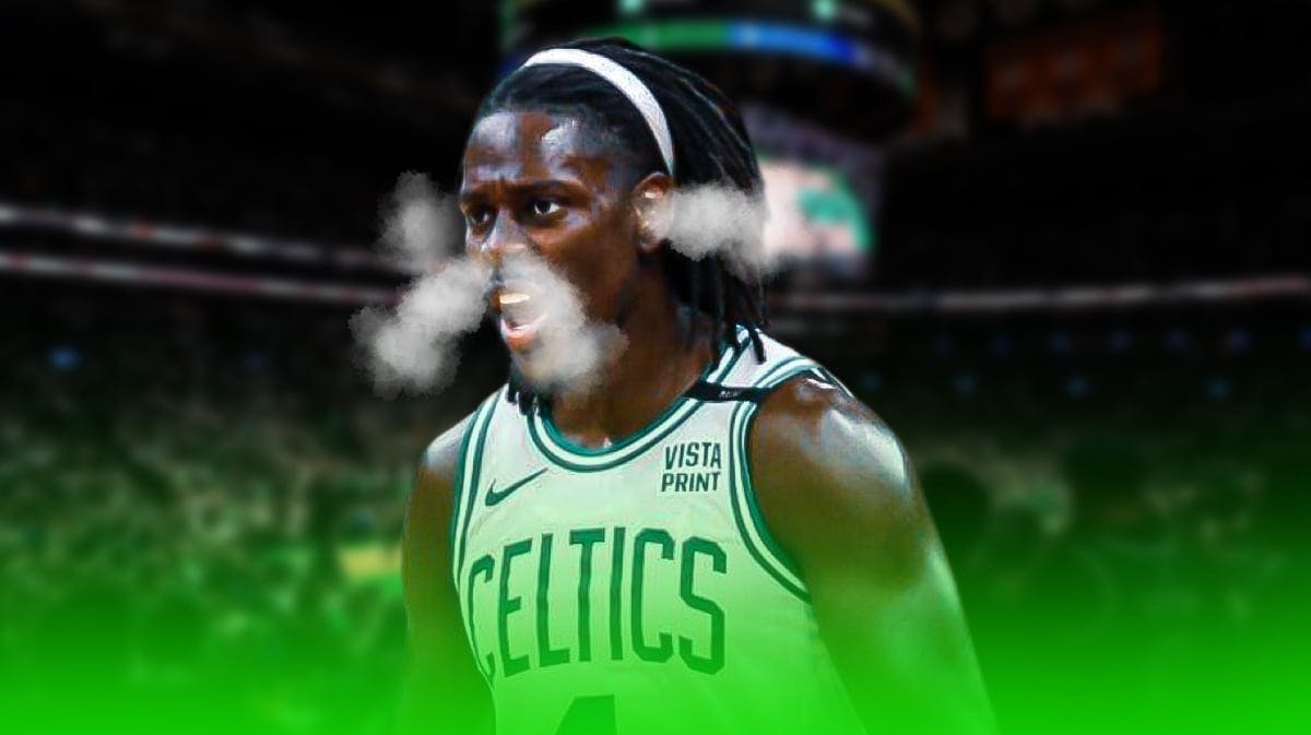 Celtics' Jrue Holiday with smoke coming out his nose and ears