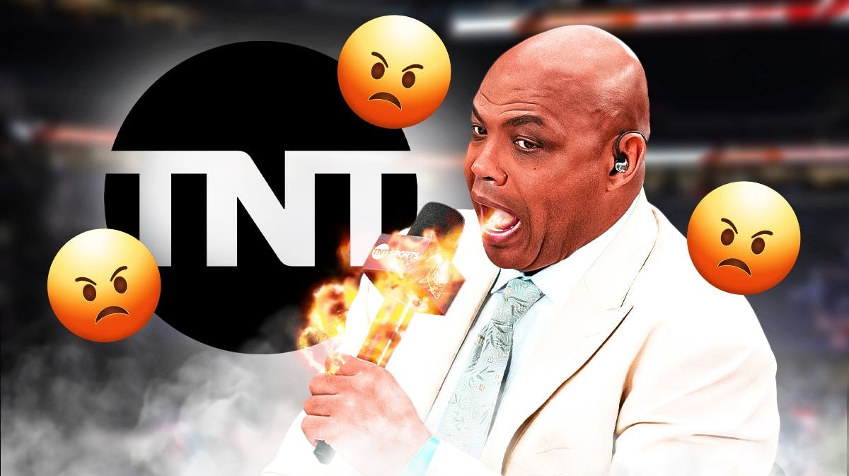 Charles Barkley breathing fire with angry emojis around him and the TNT logo next to him
