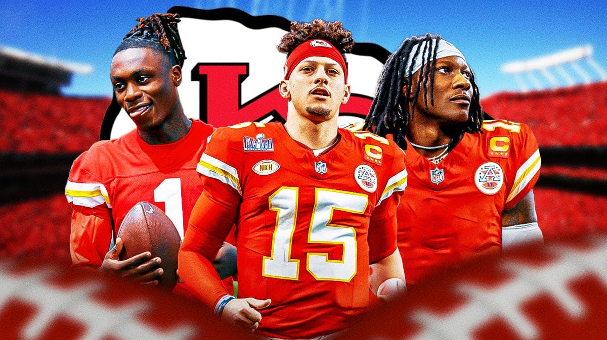 Kansas City Chiefs QB Patrick Mahomes with wide receivers Xavier Worthy and Marquise “Hollywood” Brown. They are next to a logo for the Kansas City Chiefs.
