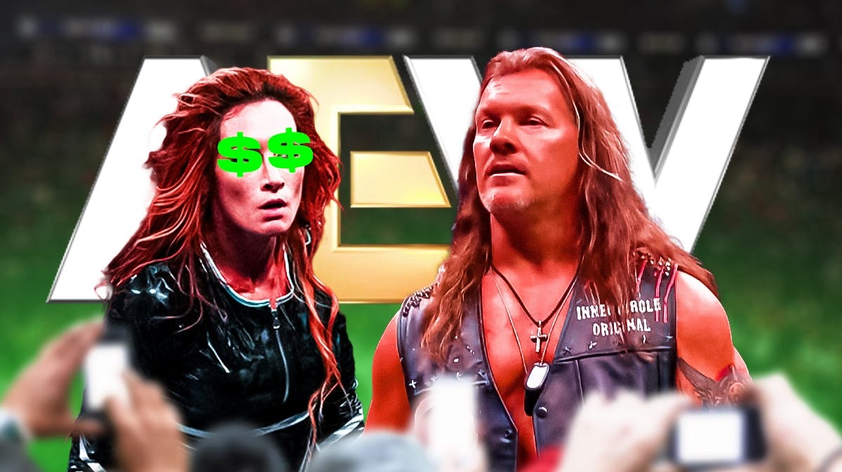 Becky Lynch with $$s over her eyes next to Chris Jericho with the AEW logo as the background.