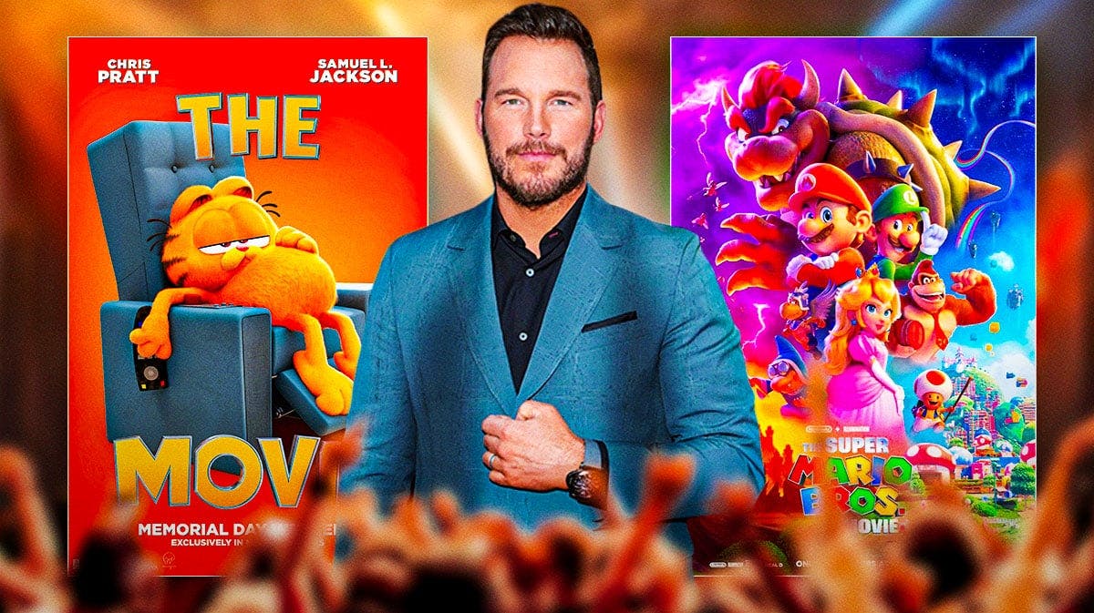 Chris Pratt in between The Garfield Movie and The Super Mario Bros Movie poster.