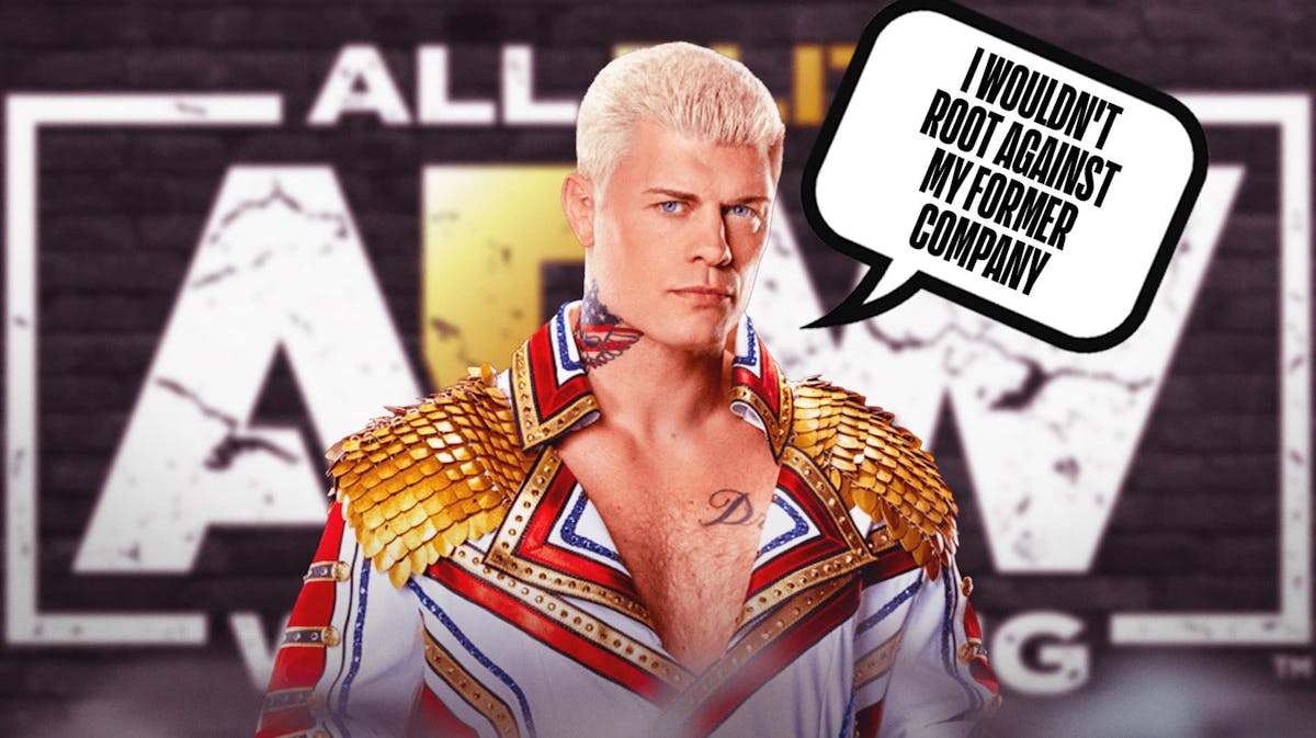 Cody Rhodes with a text bubble reading "I wouldn't root against my former company" with the AEW logo as the background.