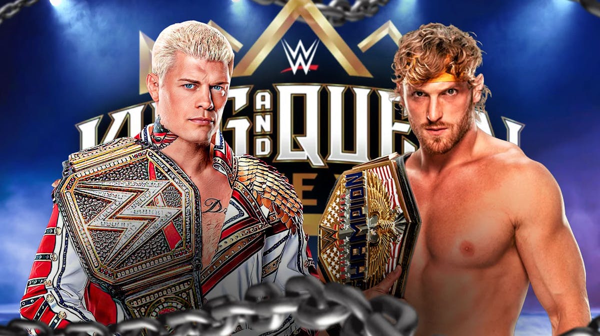 Cody Rhodes holding the WWE Championship next to Logan Paul holding the United States Championship with the 2024 King and Queen of the Ring logo as the background.