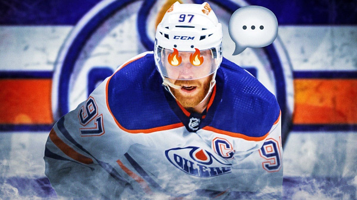Edmonton Oilers center Connor McDavid with fire emojis in his eyes and a speech bubble with the three dots emoji inside. McDavid is next to a logo of the Edmonton Oilers.