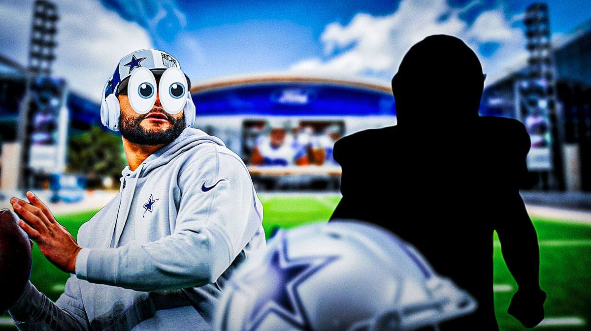 Cowboys Dak Prescott with emoji eyes looking at black silhouette of 2024 NFL Draft pick and rookie sleeper Ryan Flournoy in action.