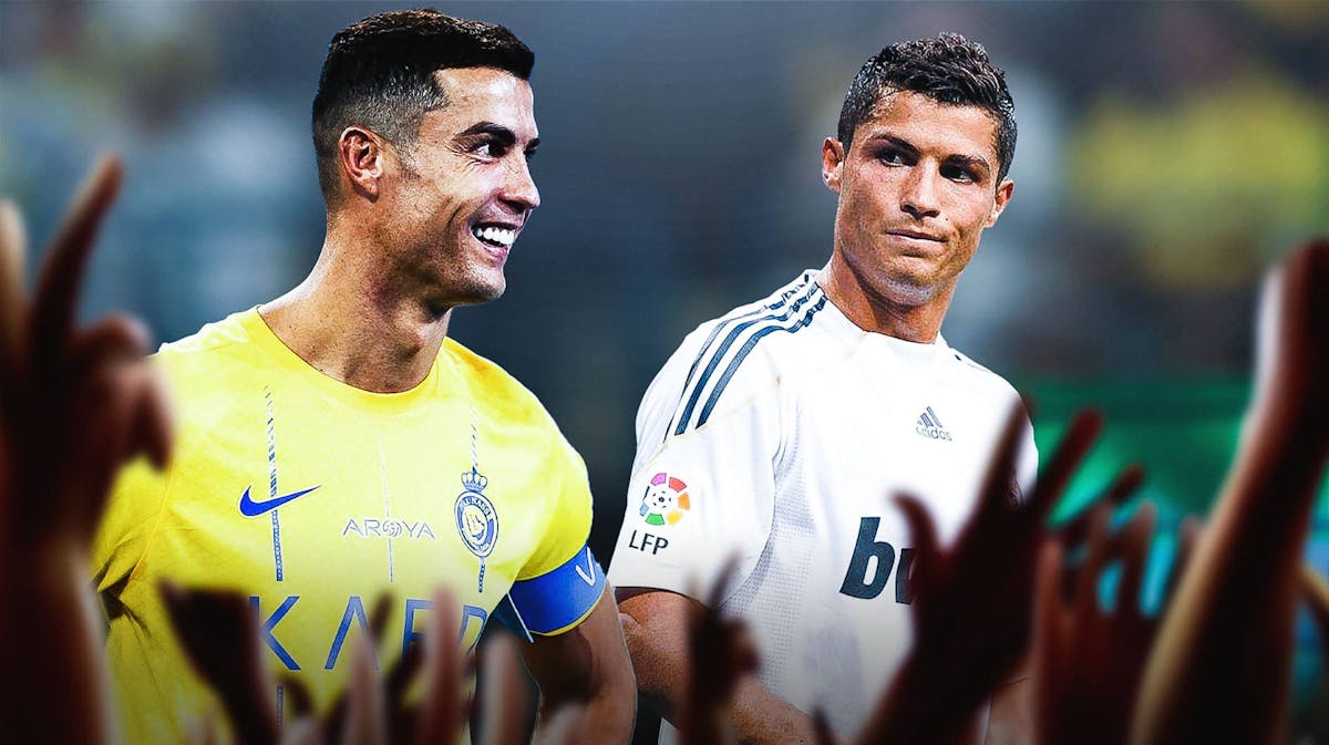 Cristiano Ronaldo wearing the Al-Nassr jersey now, looking at his young self wearing the Real Madrid jersey