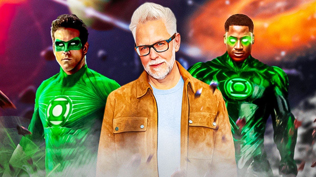 James Gunn in between DC Green Lanterns Hal Jordan and John Stewart