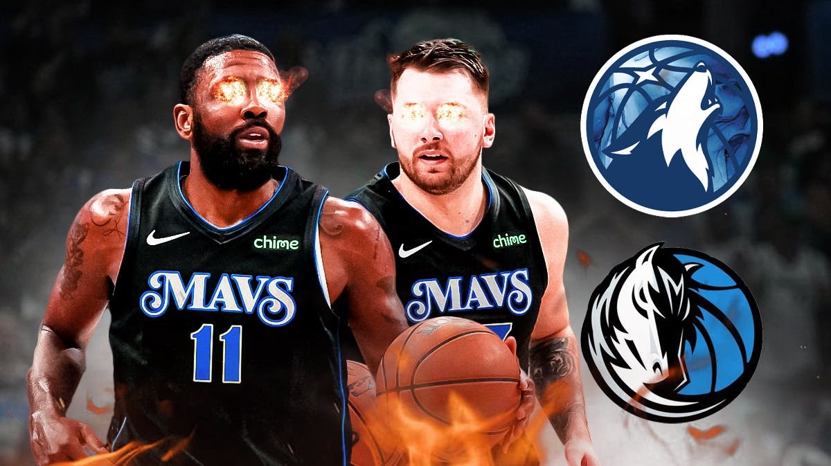 Mavericks' Luka Doncic and Mavericks' Kyrie Irving both with fire in their eyes. In background, place the Mavericks' 2024 logo and Timberwolves' 2024 logo.