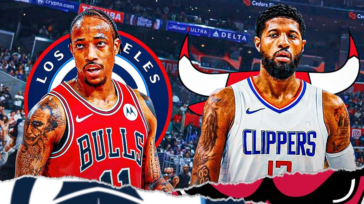 Clippers' Paul George stands next to Bulls' DeMar DeRozan ahead of free agency