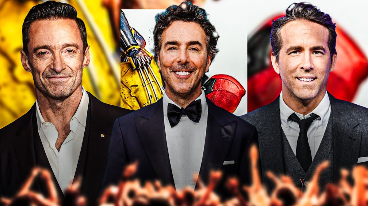 Stars of MCU film Deadpool and Wolverine Hugh Jackman and Ryan Reynolds with Shawn Levy.
