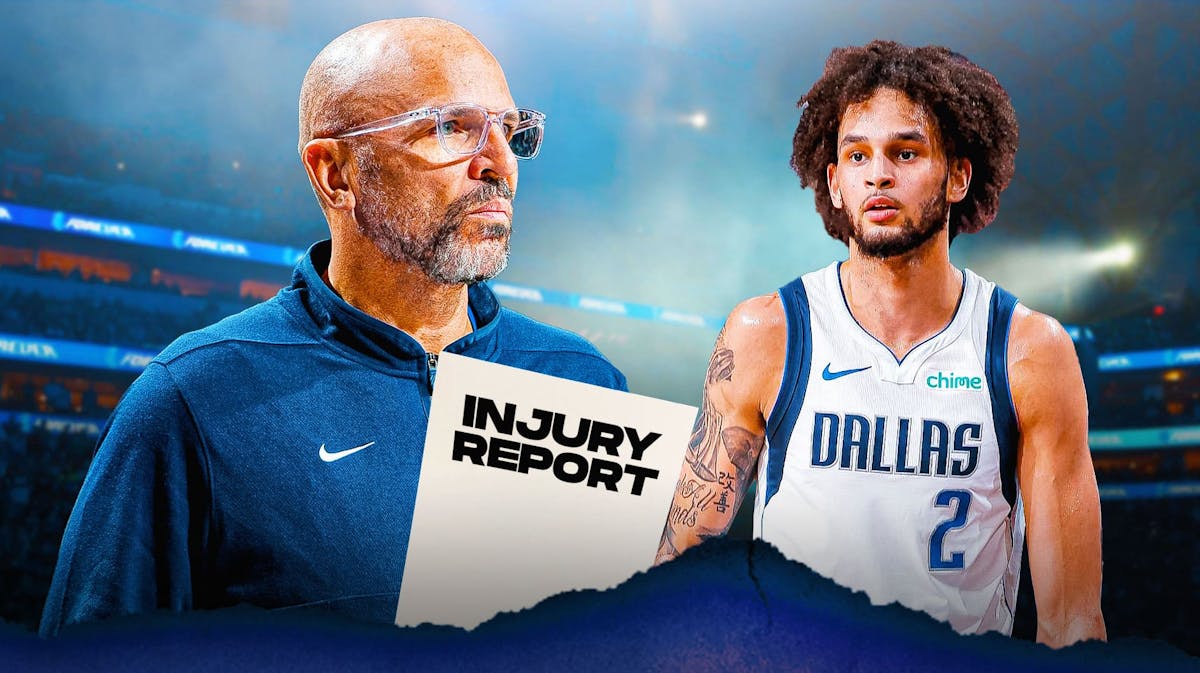 Mavericks' Dereck Lively II looking serious on left. Mavericks' Jason Kidd on right holding a piece of paper. On the paper, write the following: INJURY REPORT