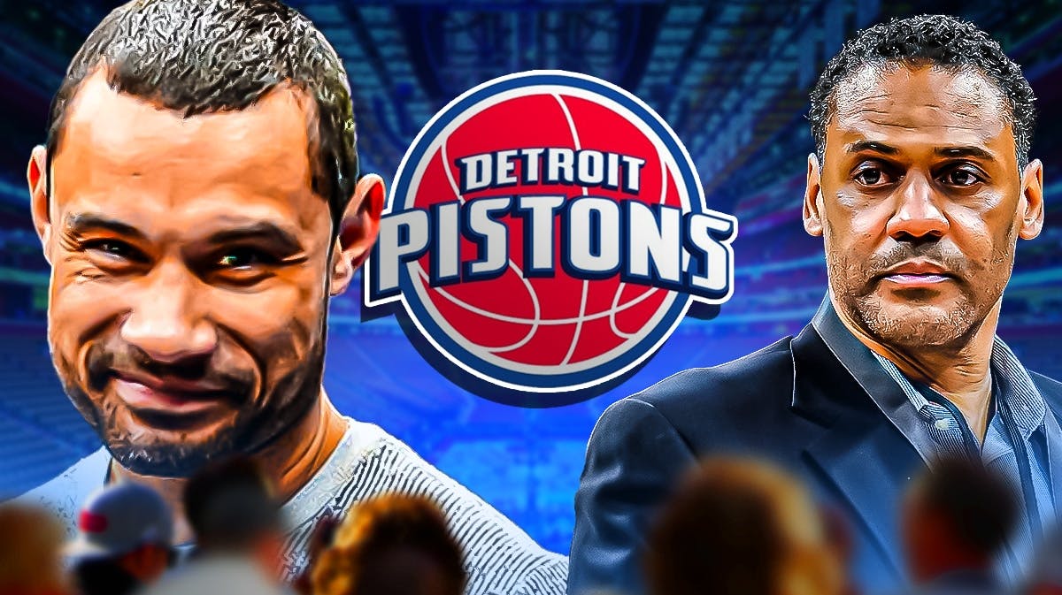 Pistons Trajan Langdon next to outgoing Pistons GM Troy Weaver