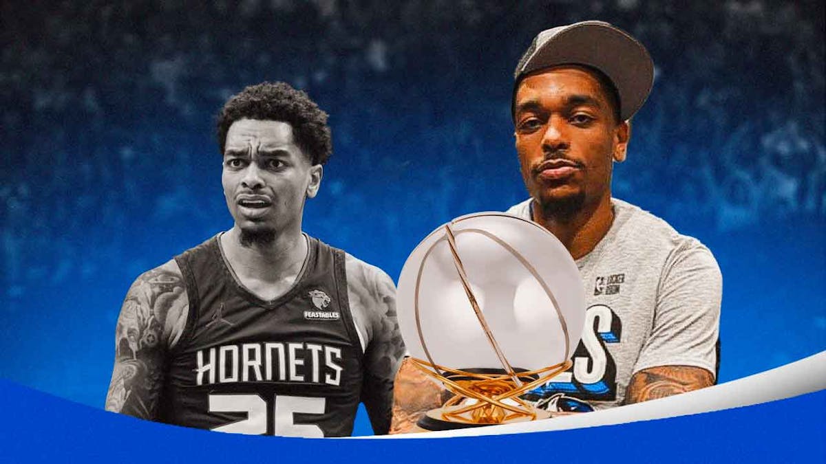 PJ Washington sad in a Hornets uniform on the left (in black and white), with a happy Mavericks version of Washington holding the 2024 Western Conference Finals trophy on the right
