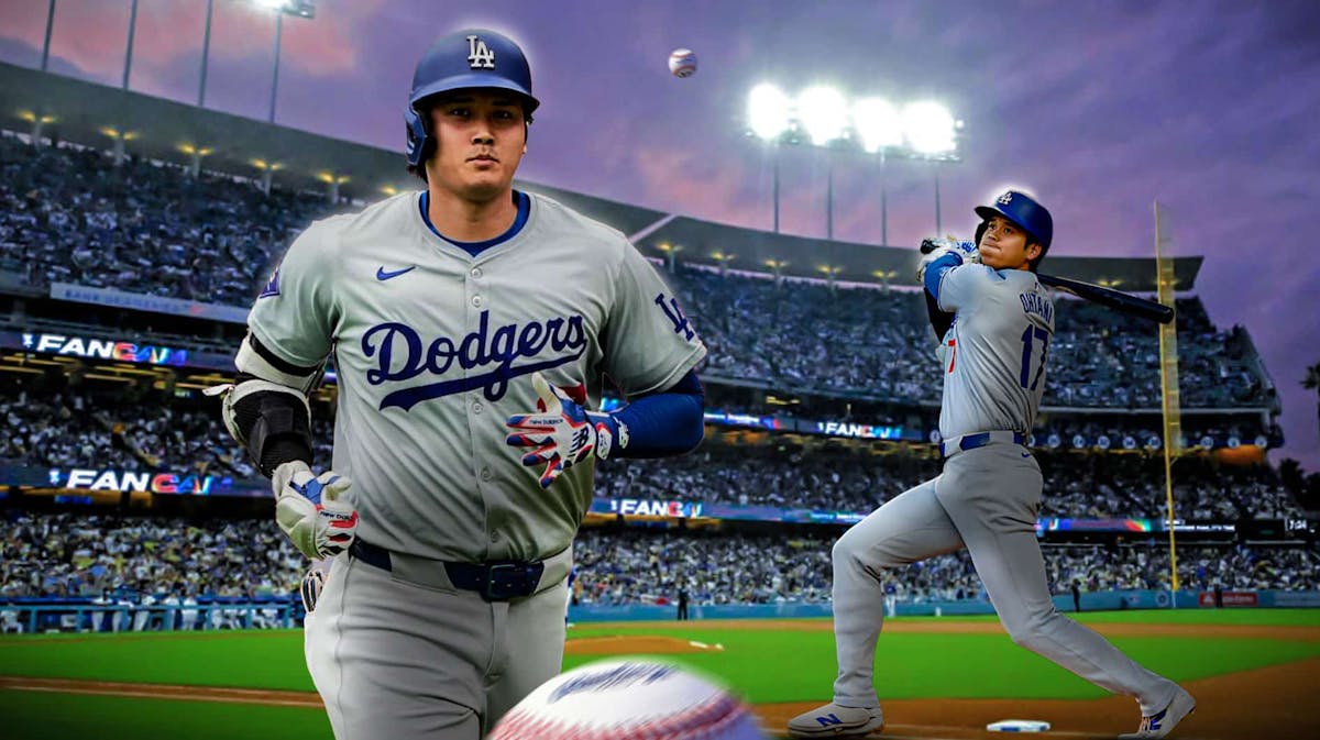 Dodgers' Shohei Ohtani swinging a baseball bat in background. In front, need Dodgers' Shohei Ohtani looking serious.