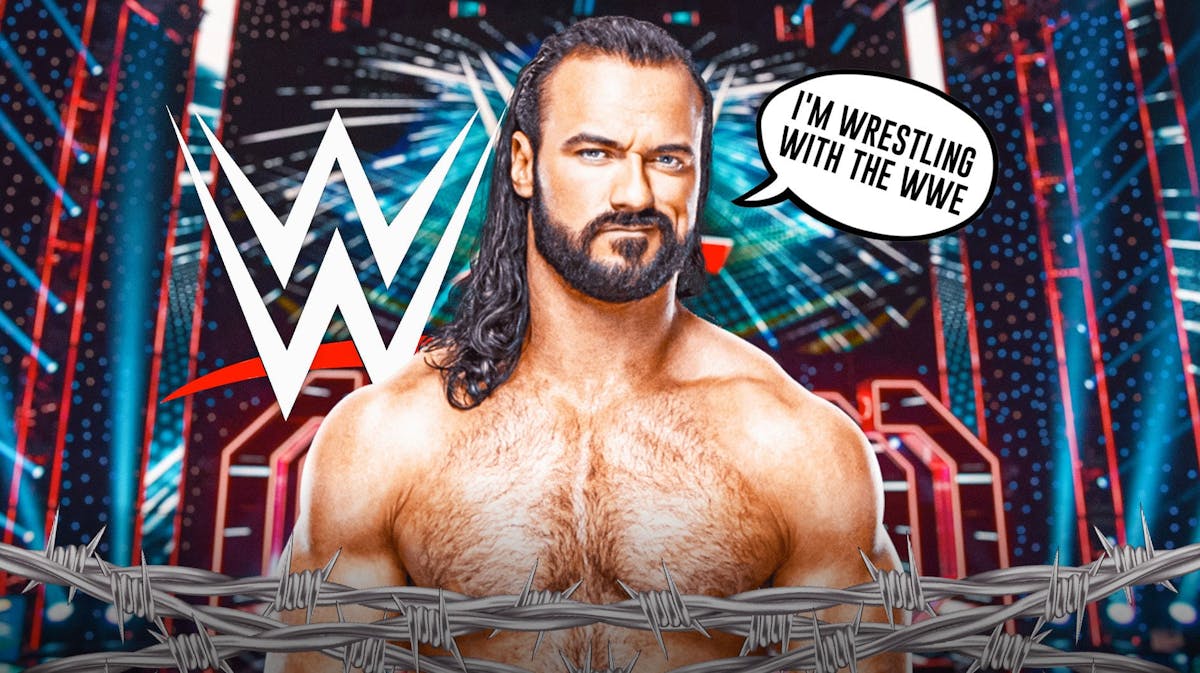 Drew McIntyre with a text bubble reading "I'm wrestling with the WWE" with the WWE logo as the background.
