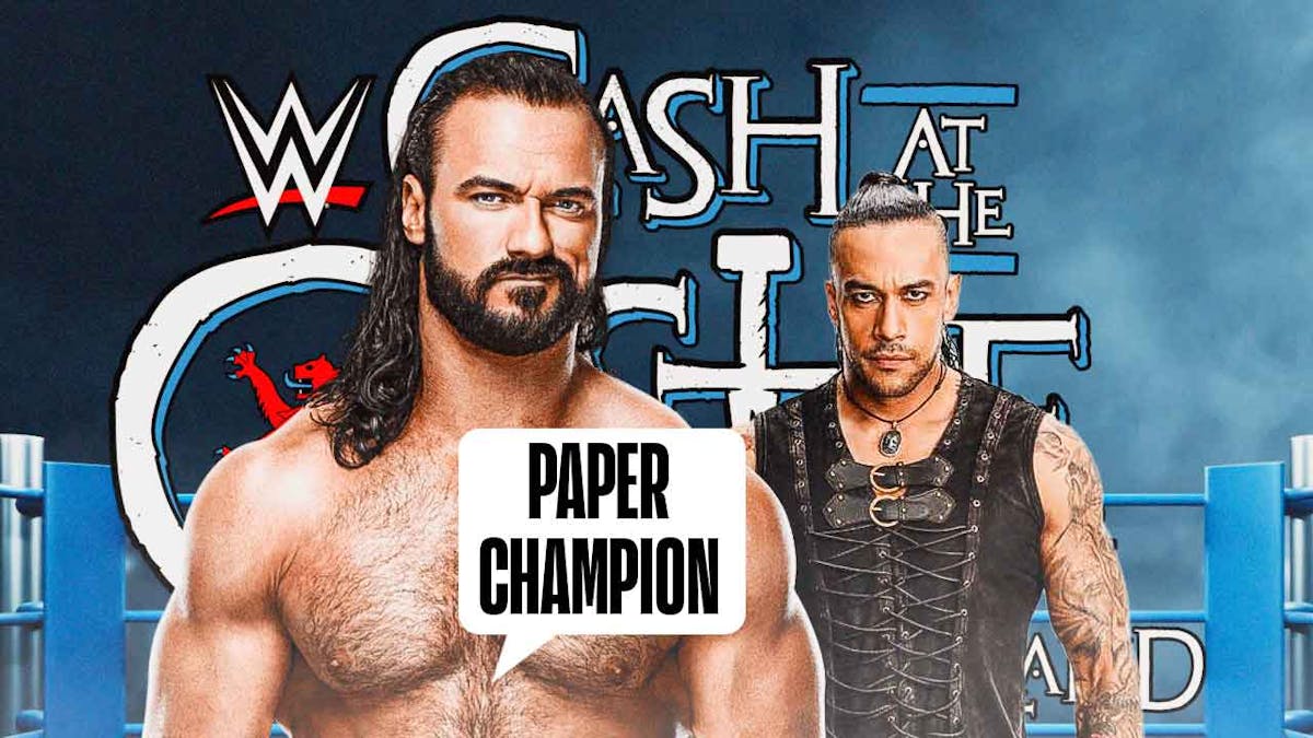 Drew McIntyre with a text bubble reading "Paper Champion" next to Damian Priest with the 2024 Clash at the Castle logo as the background.