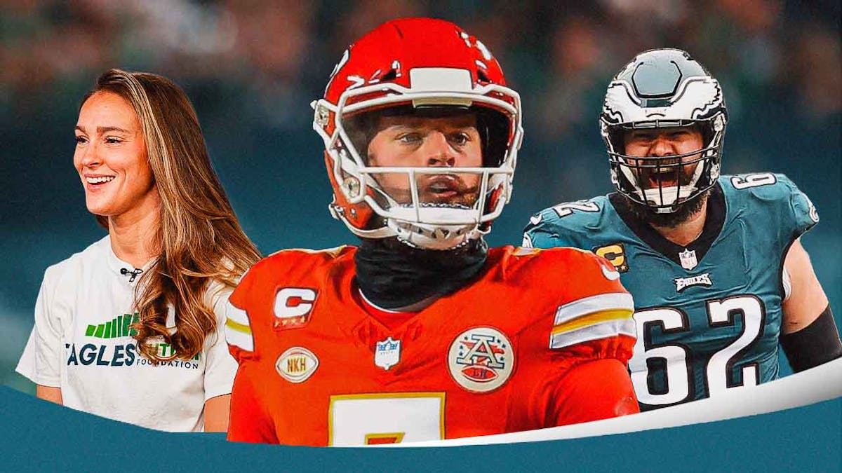 Chiefs Harrison Butker with Eagles Jason Kelce and Kylie Kelce