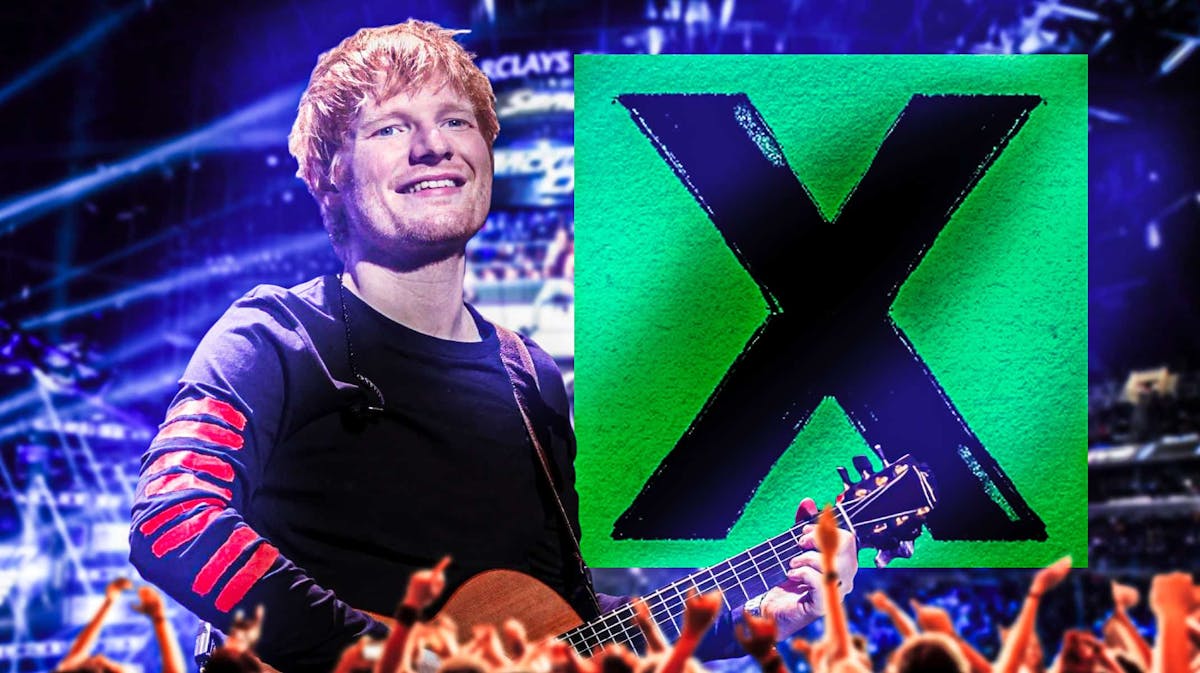 Ed Sheeran playing guitar with Multiply album cover and Barclays Center background.