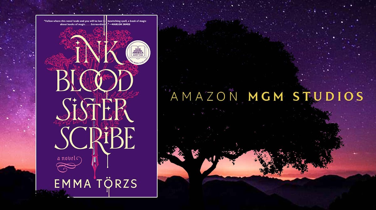 Emma Törzs' Ink Blood Sister Scribe book cover, Amazon MGM Studios logo