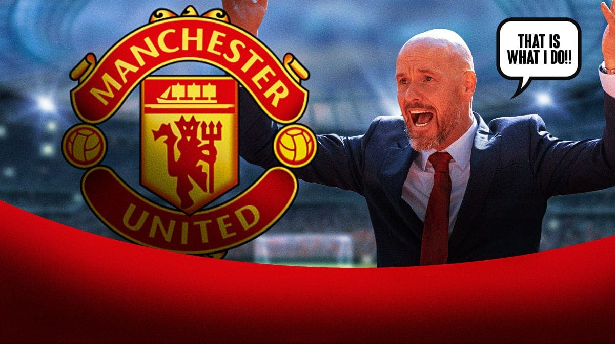 Erik ten Hag yelling angrily with speech bubble "That is what I do!!" at a Manchester United logo