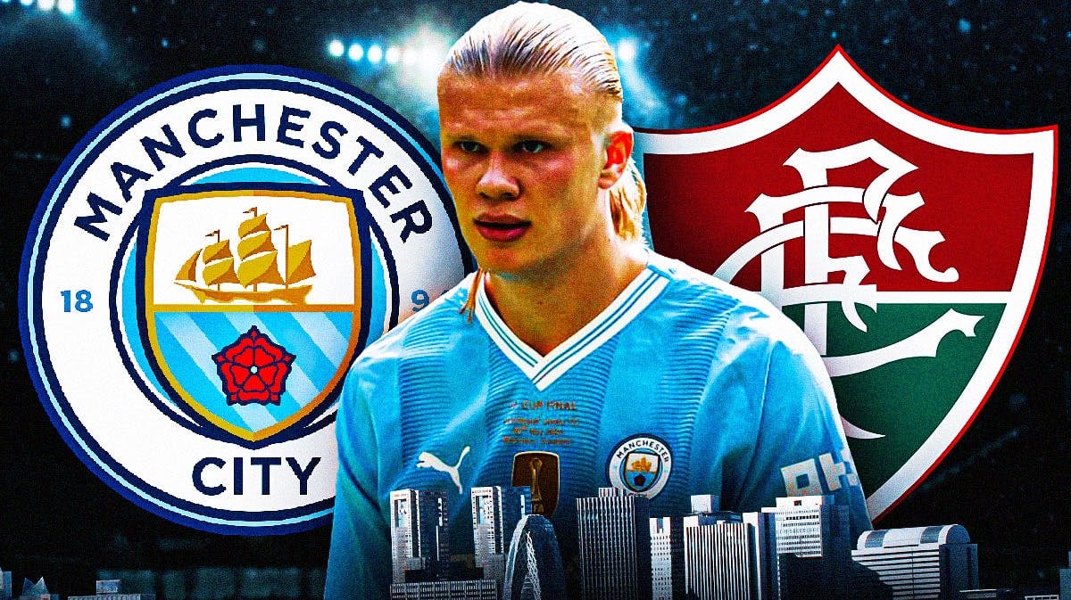 Erling Haaland in front of the Manchester City and Fluminense logos