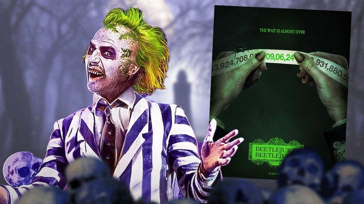 Pic of Beetlejuice alongside movie poster for upcoming film Beetlejuice Beetlejuice