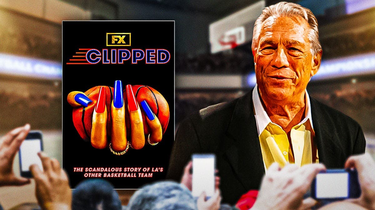 Former Clippers owner Donald Sterling alongside the show poster for the new FX show Clipped