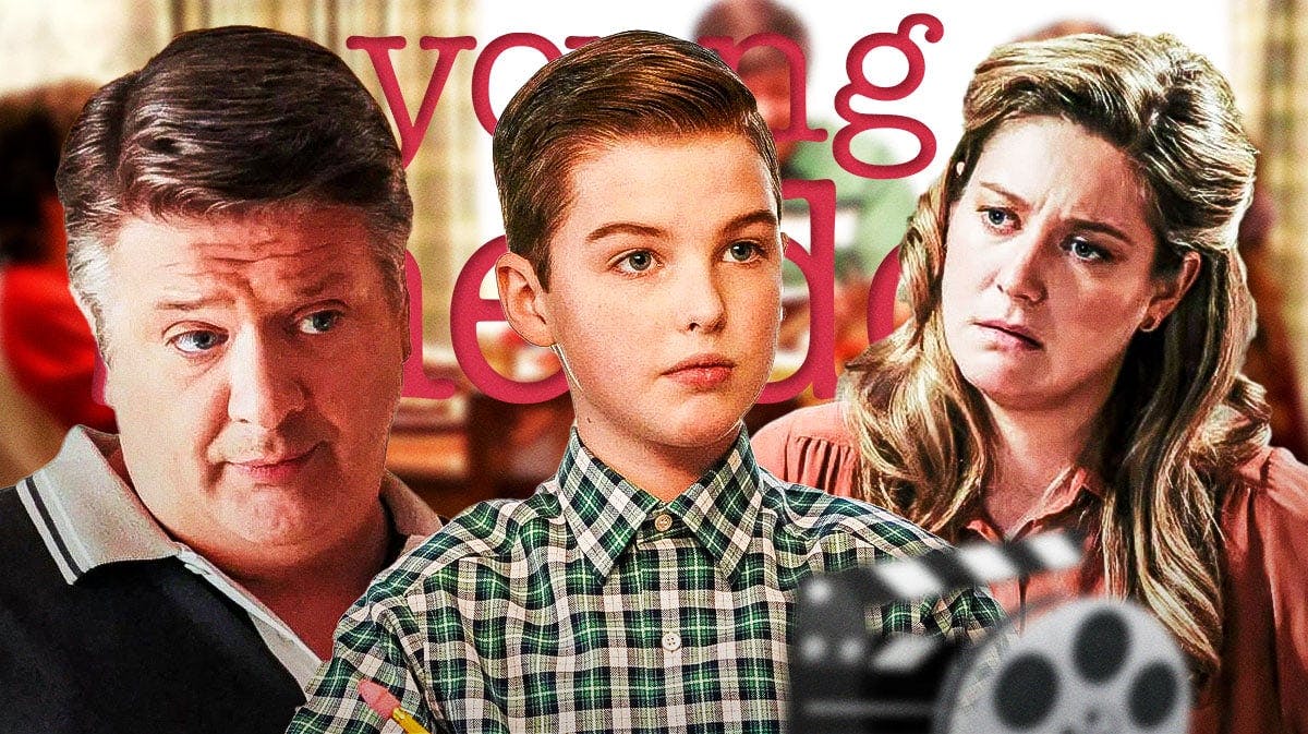 Young Sheldon logo and dinner table with series finale stars Lance Barber, Iain Armitage, and Zoe Perry.