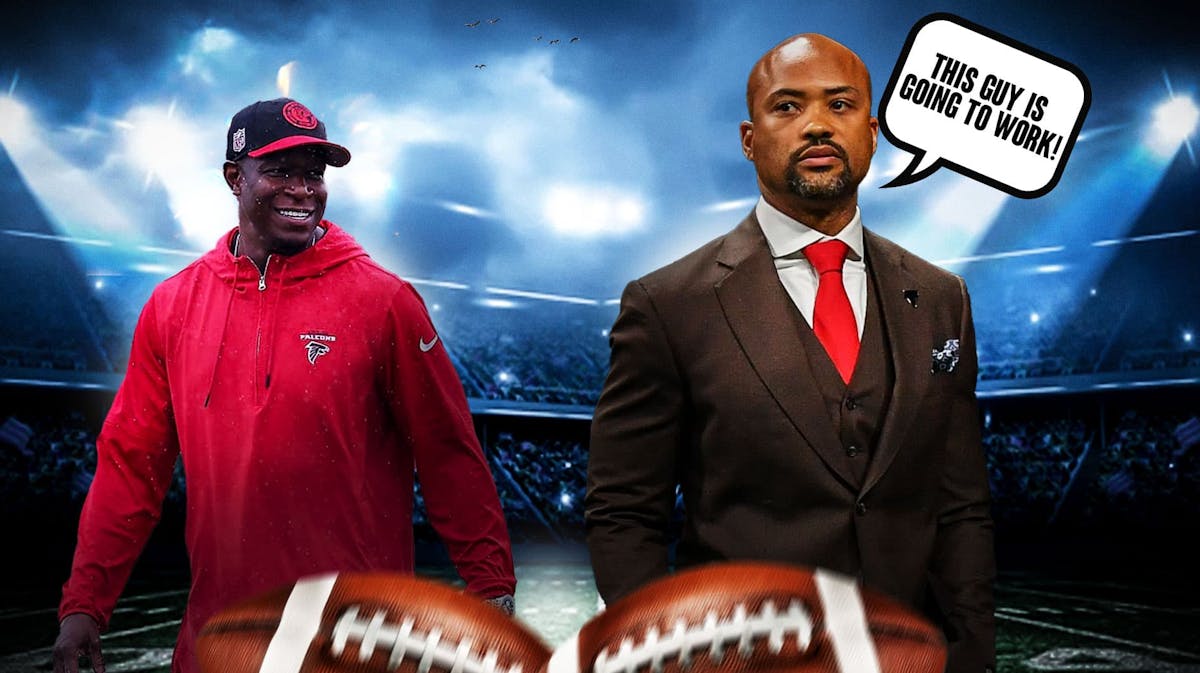 Falcons head coach Raheem Morris next to GM Terry Fontenot who is saying, "This guy is going to work."