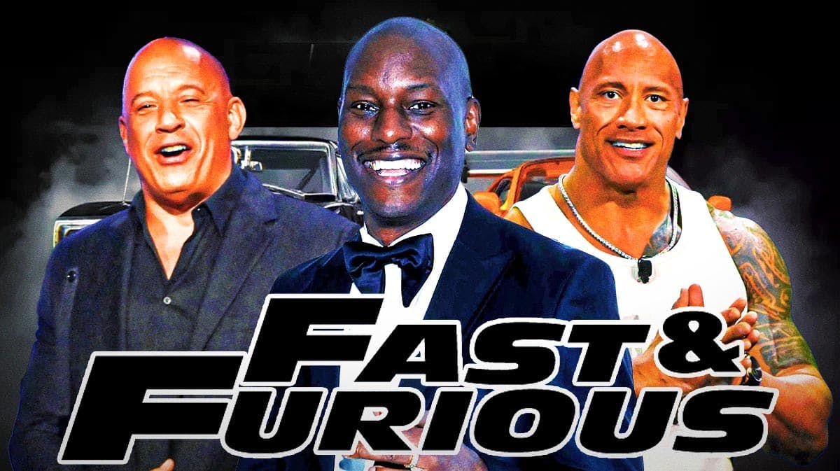 Tyrese Gibson with Vin Diesel and Dwayne Johnson around him and Fast and Furious logo.