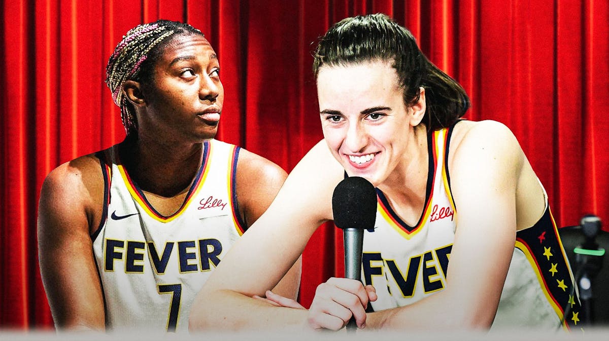 Caitlin Clark and Aliyah Boston in Indiana Fever uniforms sitting at a press conference podium talking answering questions about social media and mental health