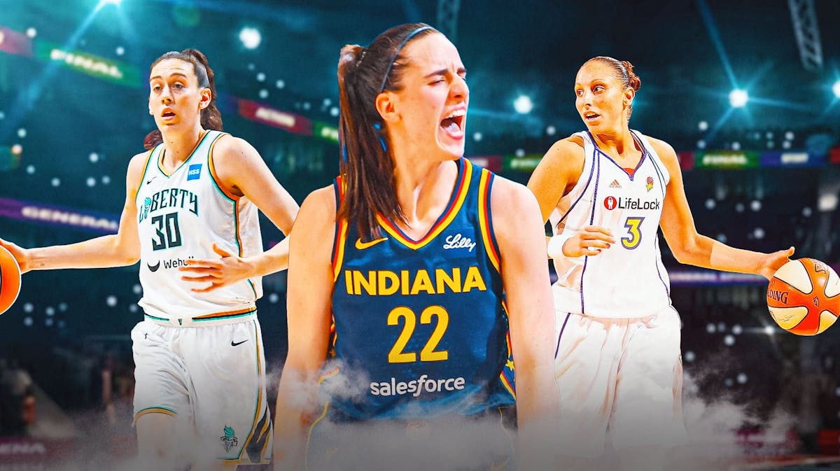 Fever's Caitlin Clark hyped up, with 2023 Breanna Stewart (Liberty) and 2008 Diana Taurasi (Mercury) beside her