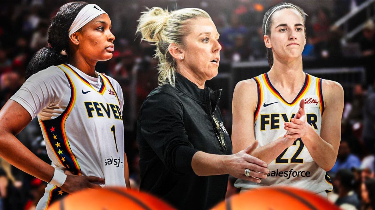 Fever coach Christie Sides coaching, with Caitlin Clark and NaLyssa Smith standing beside listening.