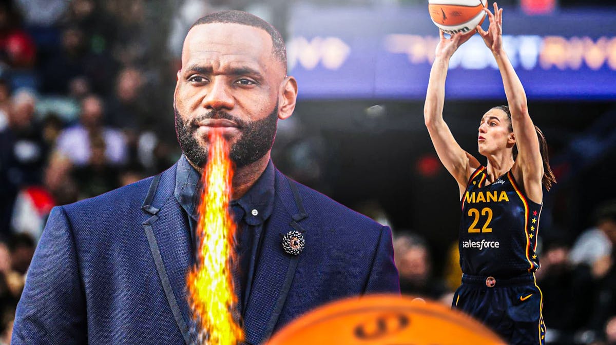 LeBron James (normal clothes) in front breathing fire. Caitlin Clark (Indiana Fever jersey) in background shooting a basketball.