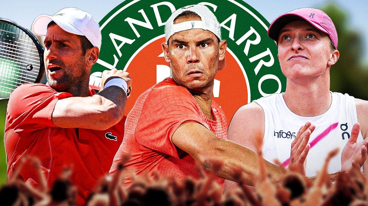 Novak Djokovic, Rafael Nadal, Iga Swiatek with French Open logo.