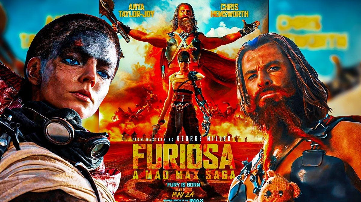 Anya Taylor-Joy and Chris Hemsworth with Furiosa: A Mad Max Saga poster.