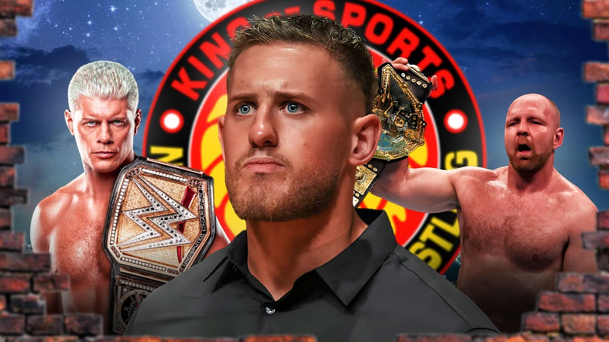 Gabe Kidd with Cody Rhodes wearing his WWE Championship on his left and Jon Moxley wearing his IWGP World Heavyweight Championship on the right with the NJPW logo as the background.