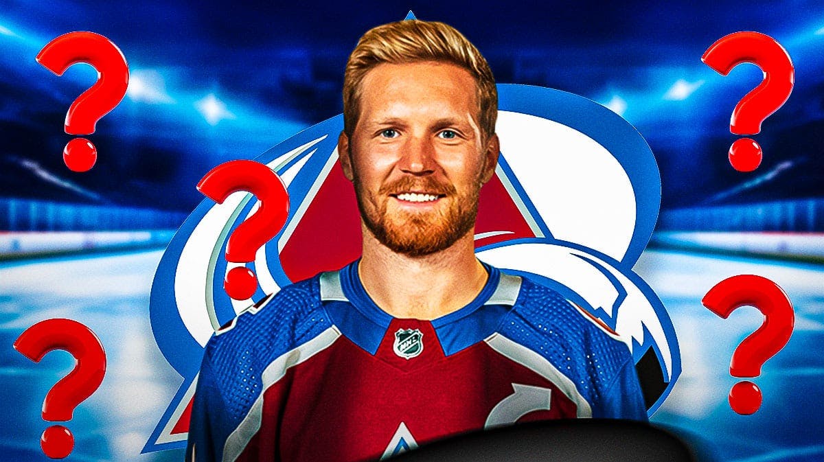 Gabriel Landeskog in middle of image looking stern, 3-5 question marks, Colorado Avalanche logo, hockey rink in background